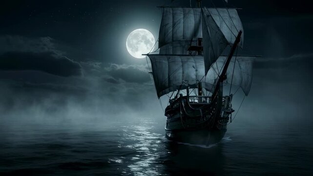 Old ship sailing at night under a full moon, then a modern airplane flying in daylight across a blue sky, concept of past and present travel.