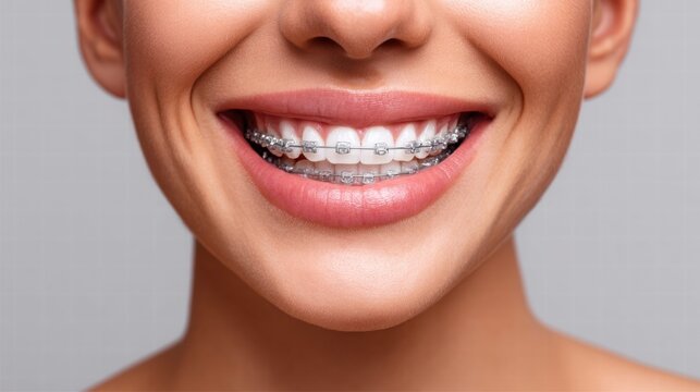 Smiling woman with braces showing perfect teeth