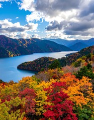 Autumnal vista over a lake, with vibrant foliage