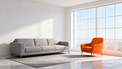 Modern Minimalist Gray Sofa Living Room with Orange Chair