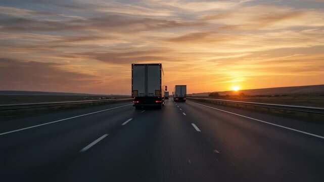 Truck driving on highway at sunset. Cargo logistics on a road trip. Transport industry delivery service footage.