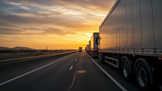 Convoy of semi trucks driving on a highway during a scenic golden hour sunset, showing freight transport and logistics footage