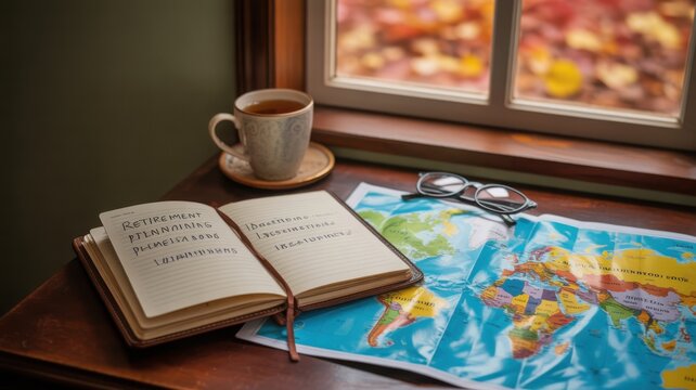 Open notebook with handwritten text and world map on wooden desk by window showing autumn leaves, planning retirement, setting travel destinations