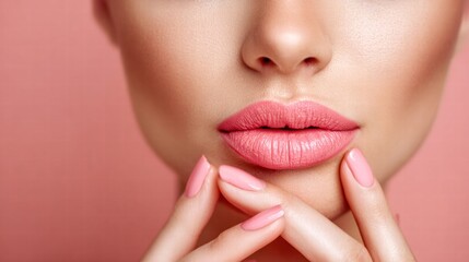 Obraz premium Close-up of a woman's face with pink lipstick and manicured nails.