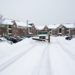 Fototapeta premium Snow plow truck clearing parking lot in front of apartment building. Winter weather maintenance and snow removal service concept.
