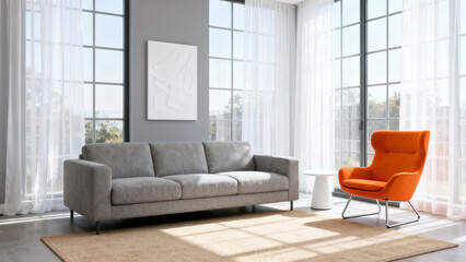 Obraz premium Modern Minimalist Gray Sofa Living Room with Orange Chair