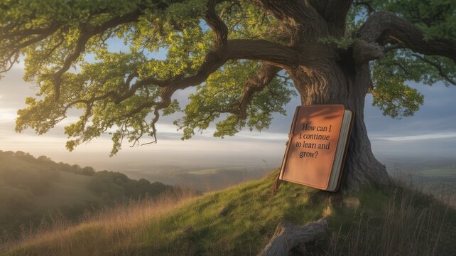 Open notebook with inspirational question how can I continue to learn and grow leaning against large oak tree on grassy hillside during sunset