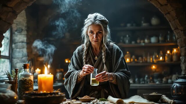 A Wise Old Woman skillfully Brewing a Magical Elixir in Mystic Apothecary