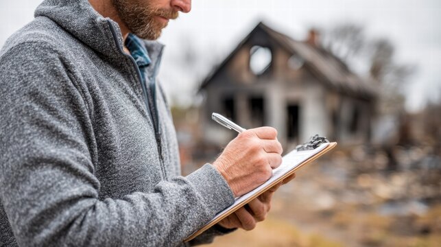 Insurance adjuster assessing fire damage to a home