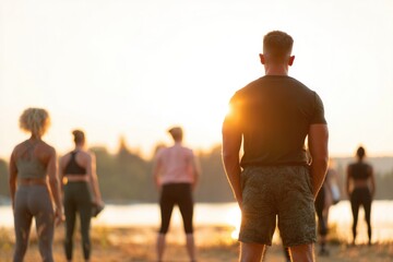 Group of individuals practicing mindfulness at sunset, creating