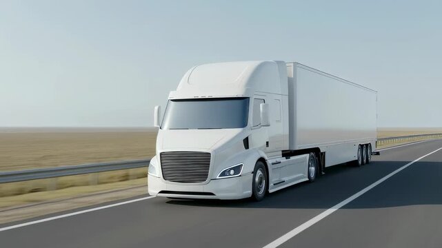 White semi truck carrying cargo container moving on highway road at different angles, side view camera perspective footage