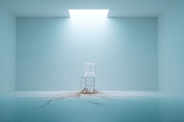 Empty room features minimalist chair under bright light, evoking