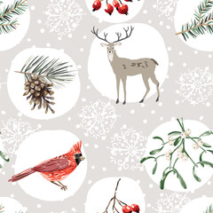 Christmas seamless pattern. Deer animals, cones, pine twigs, cardinal birds, red berries, snow, gray background. Vector illustration. Nature design. Season greeting. Winter forest. Xmas holidays