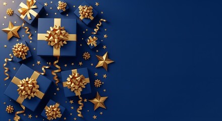 Festive blue gift boxes with golden ribbons and stars on a dark blue background