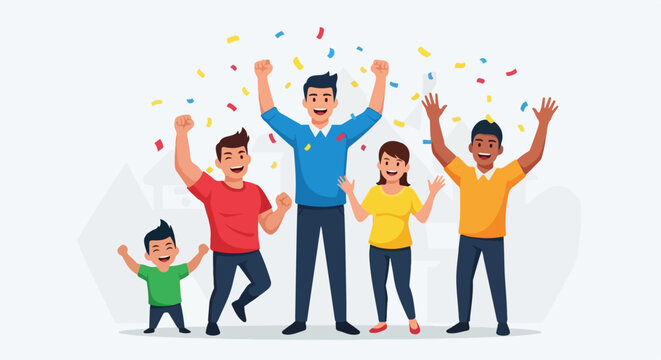 Celebrating success with a group of joyful people raising their hands in excitement under falling confetti illustrates teamwork, and celebration of achievements.
