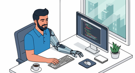 Artificial intelligence expert working with computer, coding, and coffee. Artificial intelligence expert with robotic arm is depicted sitting at his desk working on code,