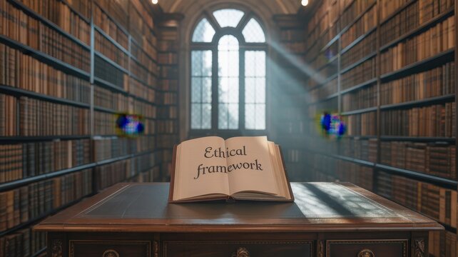 Open Book Titled Ethical Framework on Wooden Desk in Grand Library, Sunlight Illuminating Pages, Moral Philosophy, Guiding Principles, Intellectual Pursuit