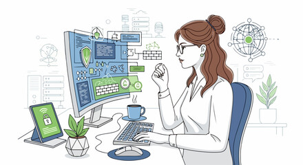 Woman cybersecurity computer analyzing data protection, showing security layers, network infrastructure. Woman cybersecurity computer specialist ensures digital safety, application security.