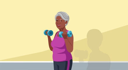 Senior fitness routine with dumbbells and workout, senior fitness is a great way to stay in shape. This senior woman lifts dumbbells and makes fitness exercise.