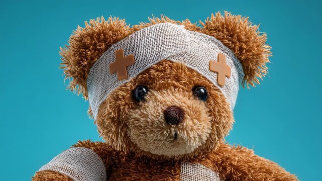 The teddy bear with bandages on its head and arm sits against a blue background. Bandages on the teddy bear highlight its texture and soft appearance in the scene.