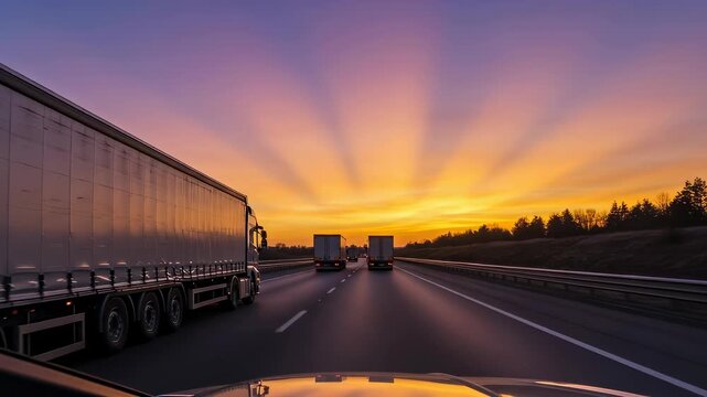 Driving on highway with truck under sunset sky, dash cam view footage