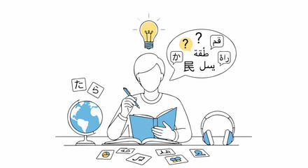Illustration depicts language learning, student with book and world globe at desk. Language learning illustration shows a person studying various languages with question marks,