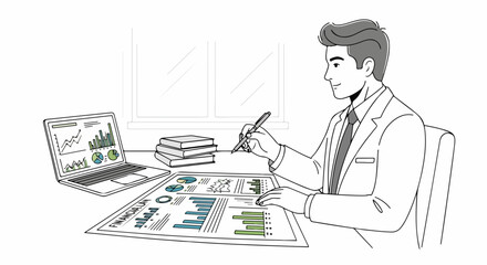 Business report with financial data and man analyzing business report at table. Planning business strategy includes various charts and diagrams. Use business report for data presentation,