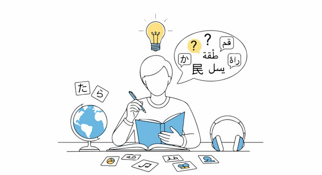 Illustration depicts language learning, student with book and world globe at desk. Language learning illustration shows a person studying various languages with question marks,