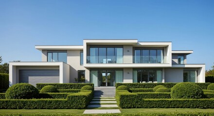 Modern house with flat roof and large windows surrounded by green bushes.