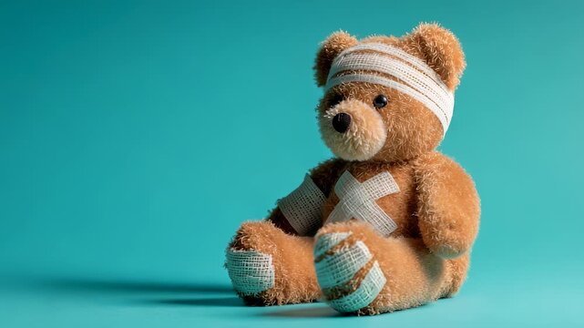 The teddy bear with bandages on its head and leg sits against a teal background. Bandages on the teddy bear's head and leg add detail to the soft texture and calm pose.