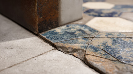 Rustic floor tiles with unique patterns and textures in a modern space contrasted by a wooden edge and soft lighting illuminating the design details and colors vividly.