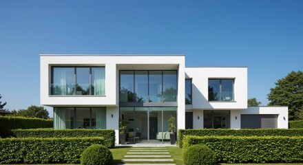 Modern white house with large windows and green hedge under a blue sky.