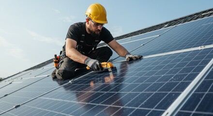 Person installs solar panels on a roof wearing a yellow hard hat.