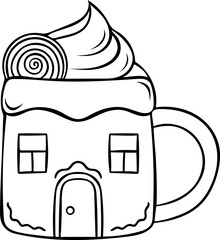cute Christmas mug in the shape of a gingerbread house, cocoa with whipped cream and lollipop, cozy Christmas drink, simple vector black and white icon, doodle and sketch style