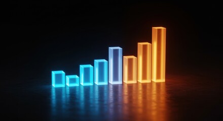 Glowing bar graph shows upward trend on a dark reflective surface.