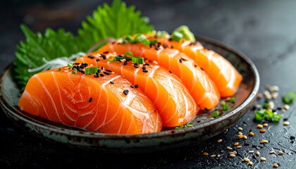 Fresh salmon sashimi on a plate, garnished with herbs and sesame seeds
