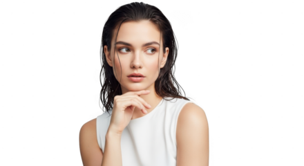A young woman with wet hair and a thoughtful expression, wearing a white top, isolated on transparent background
