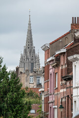 Colorful facades of houses and tower of church of Laeken, Brussels Capital Region, Belgium