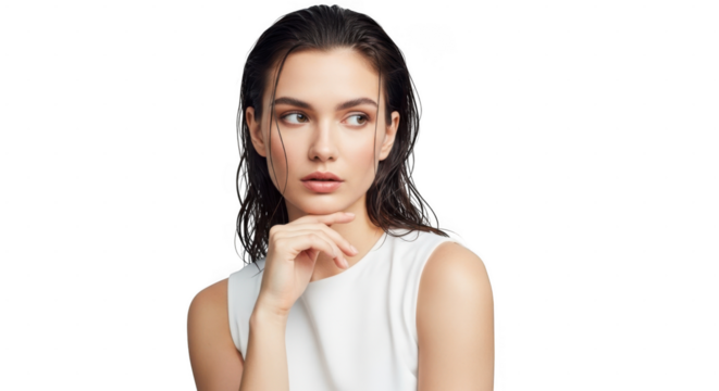 A young woman with wet hair and a thoughtful expression, wearing a white top, isolated on transparent background