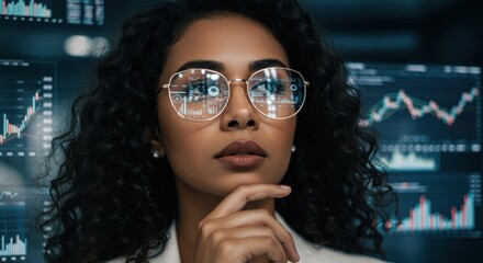 Woman with glasses looks at data displays with hand on chin thoughtful.