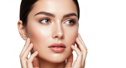 A womans face with perfect skin and makeup, touching her cheeks isolated on transparent background