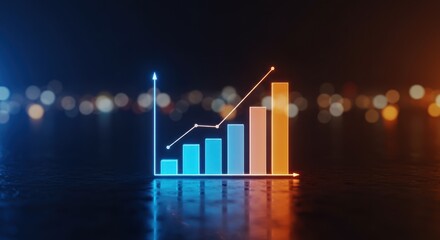 Glowing bar graph with upward trend line against a blurred bokeh background.