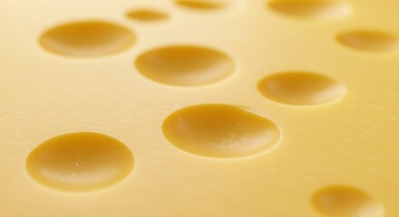 Close-up of yellow cheese surface with multiple round holes in a pattern.