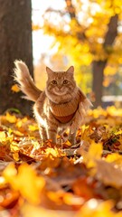 Ginger cat in autumn leaves