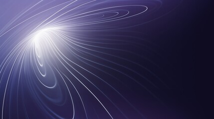 Abstract glowing curved light trails on dark purple background creating futuristic energy swirl with motion blur