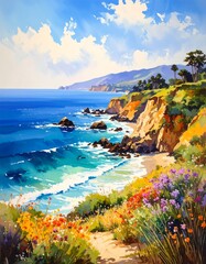 Colorful coastal landscape painting