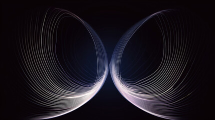 Abstract mirrored light waves forming symmetrical curved lines on dark background with futuristic motion blur