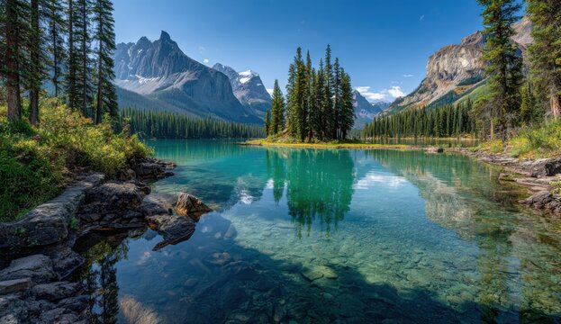 Serene alpine lake reflecting mountains