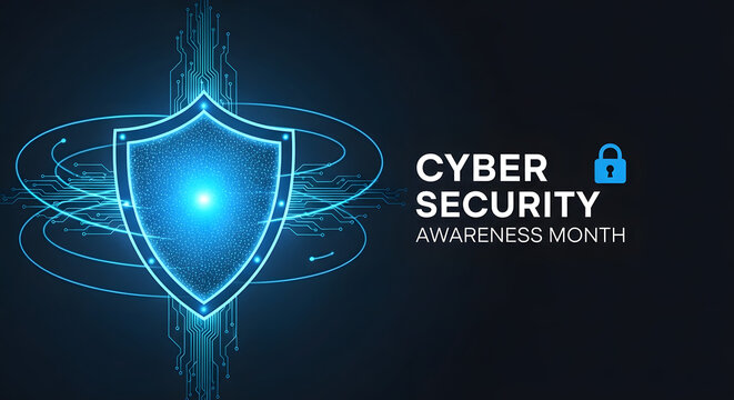 Cyber security awareness month with glowing shield and padlock for digital protection, online safety, and secure technology solutions for businesses worldwide