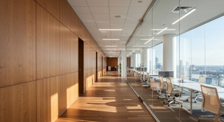 Modern office interior with desks chairs large windows and wood paneling.